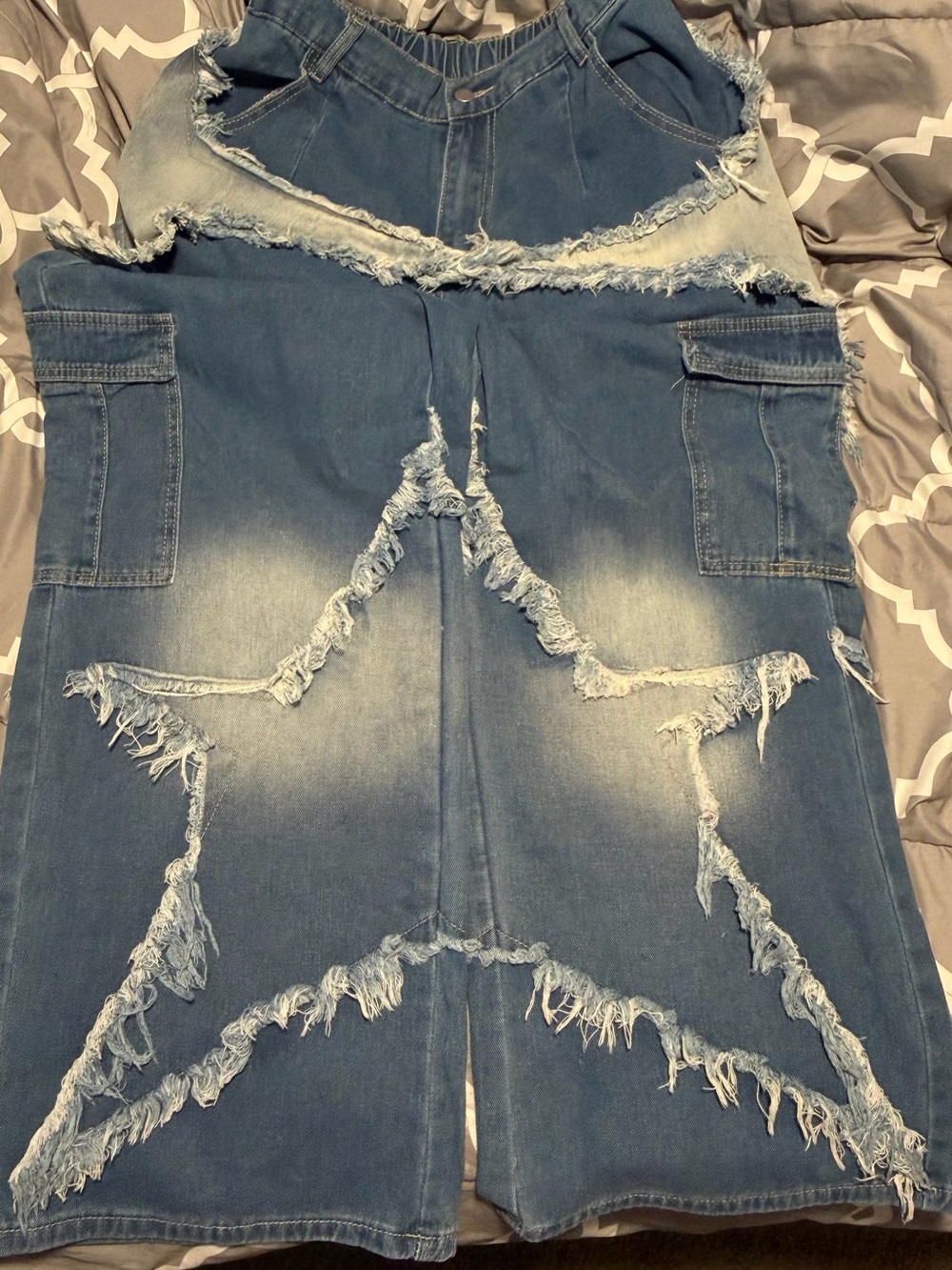 SHEIN Distressed Blue Denim Star Cargo Overalls